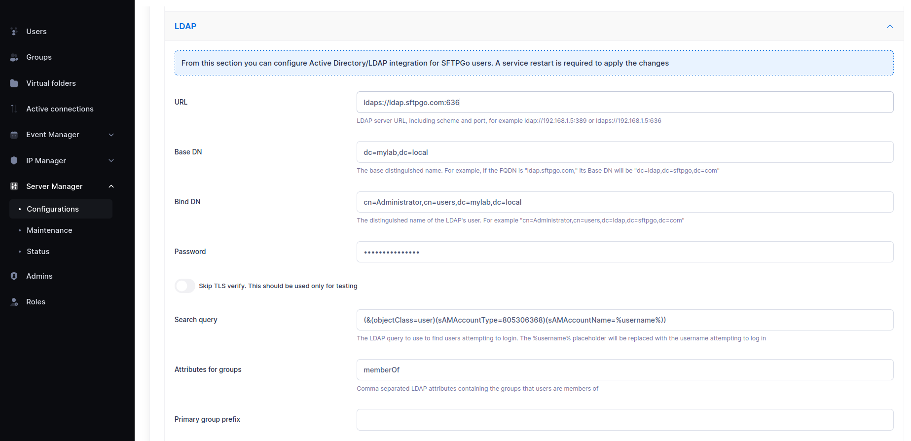 LDAP configuration in WebAdmin
